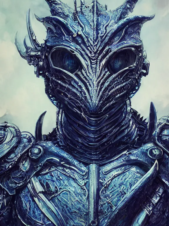 Image similar to portrait art of 8k ultra realistic blue Dragonborn, detailed intricate ornate armour,decaying, cybernetic, full of colour, cinematic lighting, battered, trending on artstation, 4k, hyperrealistic, focused, extreme details,unreal engine 5, cinematic, masterpiece, art by ayami kojima, giger