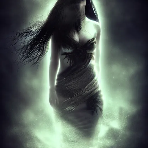 Prompt: the dark goddess of eternal night, beautiful, 8k, ethereal, cinematic, unearthly, moody, atmospheric, portrait, photomanipulation