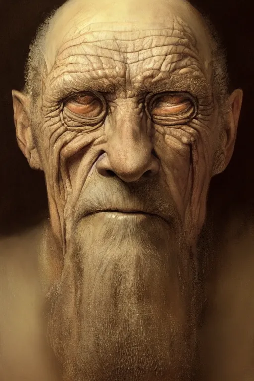 Prompt: beautiful oil clean painting biomechanical portrait old man face by wayne barlowe, rembrandt, complex, stunning, realistic skin color, 4 k, high res, awardwinning, masterpiece, realistic lighting