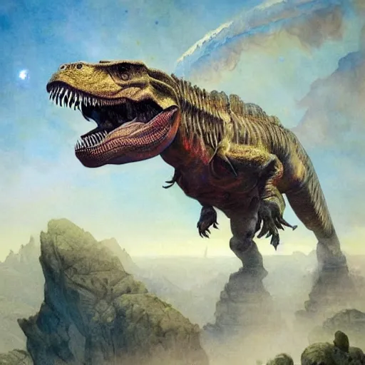 Prompt: a beautifull intricate watercolour painting of a tyrannosaurus rex equipped with guns!!!! flying in space with rockets with earth in the background, reflexions, verry high details by william turner art, greg rutkowski and alphonse mucha, trending on artstation, very very detailed, masterpiece, vibrant colors