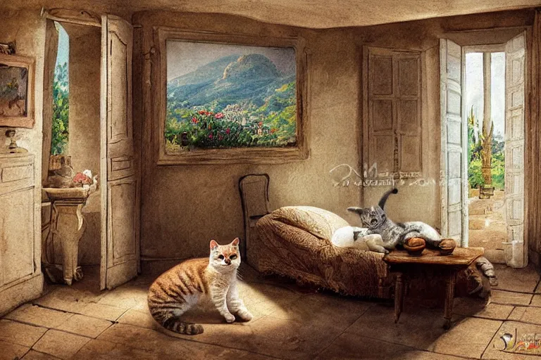 Prompt: a very very very very detailed matte painting of wide angle view on Cute Cat in Provence style Room,