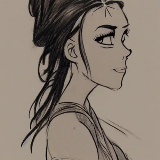 Image similar to milt kahl sketch of vanessa hudgeons with done up hair, tendrils covering face and ponytail as princess padme from star wars episode 3