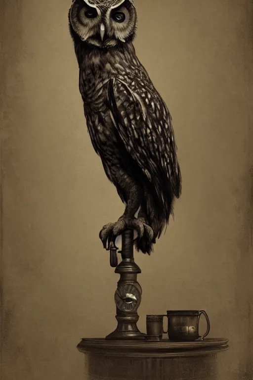 Image similar to wet plate photograph of an anthropomorphic owl standing alone in the waiting room of a victorian - era brothel, dramatic lighting, highly detailed, digital painting, artstation, concept art, smooth, sharp focus, illustration, art by wlop, mars ravelo and greg rutkowski