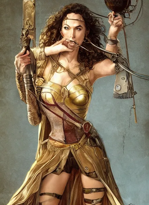 Prompt: highly detailed steampunk gal gadot with blond hair, standing, iron age : leonardo da vinci, greg rutkowski, magali villeneuve