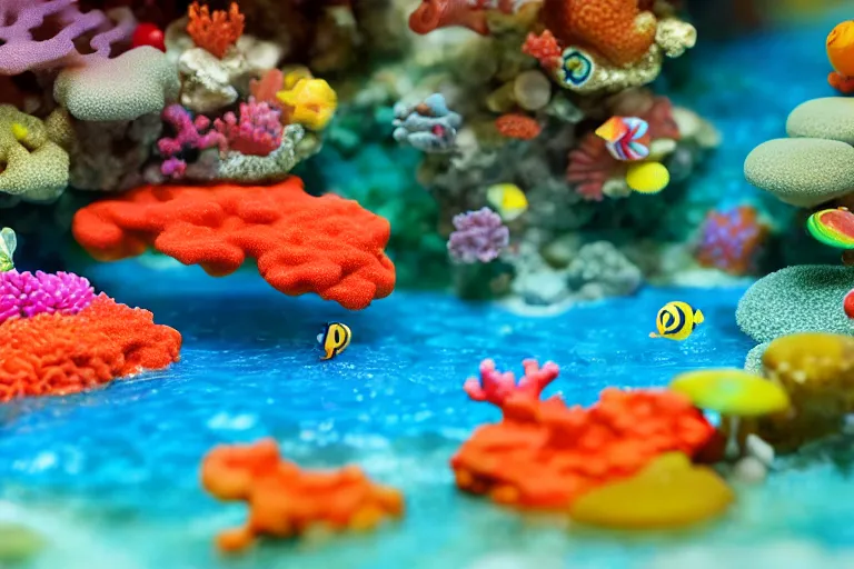 Image similar to fisher price coral reef, california, in 2 0 1 5, 8 k, scene from tv show hyper detailed 5 5 mm 8 5 mm, toy photography, made out of plastic