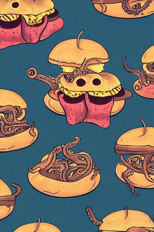 Image similar to illustration of a an octopus inside a cheeseburger, highly detailed, 8 k, vintage, screen print, trending on artstation