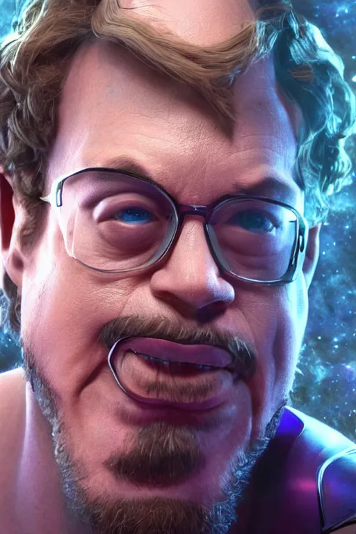 Image similar to Sam Hyde starring as Thanos, close-up, sigma male, rule of thirds, award winning photo, unreal engine, studio lighting, highly detailed features, interstellar space backdrop