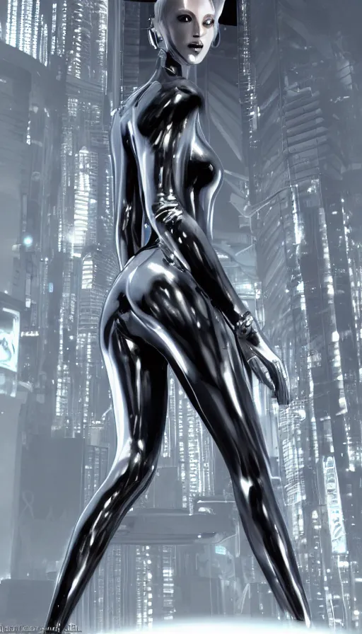 Image similar to a futuristic woman in a black and silver suit, cyberpunk art by sorayama, cgsociety, retrofuturism, toonami, made of liquid metal, ray tracing