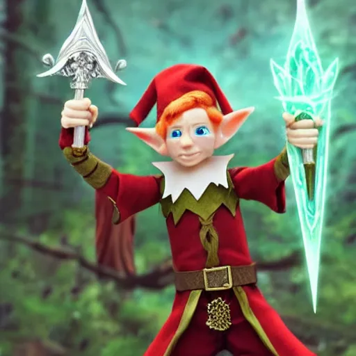 Image similar to a fantasy elf that is a wizard, holding a spell book and a dagger, with red hair, blue eyes, and is tall