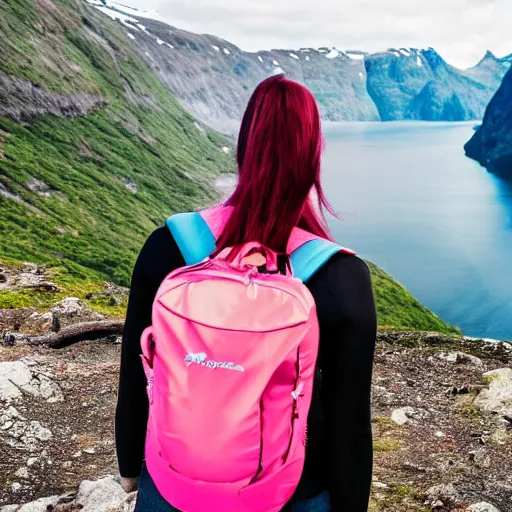 Image similar to a young woman with long pink hair looking at fjords, hiking clothes, tank top, backpack, norway, fjords in background, cinematic, beautiful, stunning, day time, epic, 8 k, 1 6 : 9