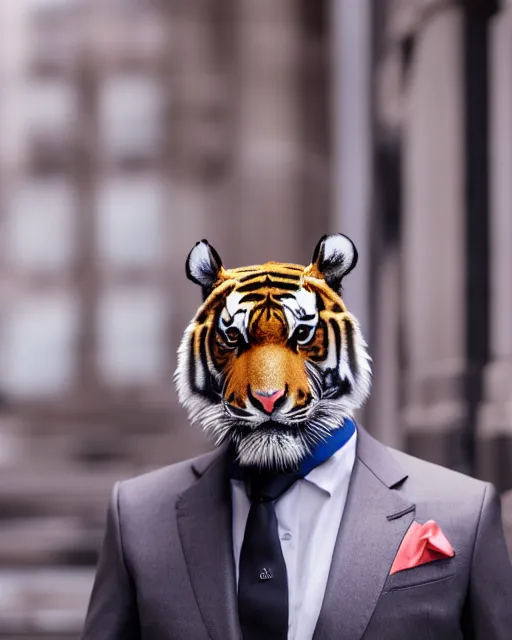 Image similar to high quality presentation photo of a tiger dressed in a dark suit and tie, photography 4k, f1.8 anamorphic, bokeh, 4k, 85mm lens