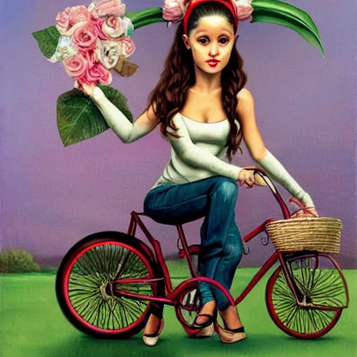 Image similar to Ariana Grande on a tricycle, lowbrow painting by Mark Ryden