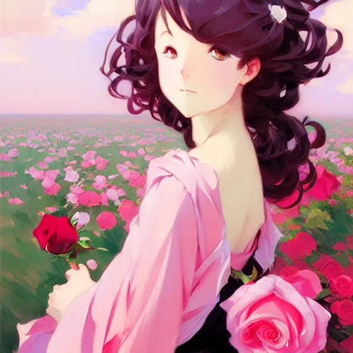 Prompt: beautiful rose anime pink - hair girl in elegent black dress, laying on roses, krenz cushart, mucha, ghibli, by joaquin sorolla rhads leyendecker, by ohara koson