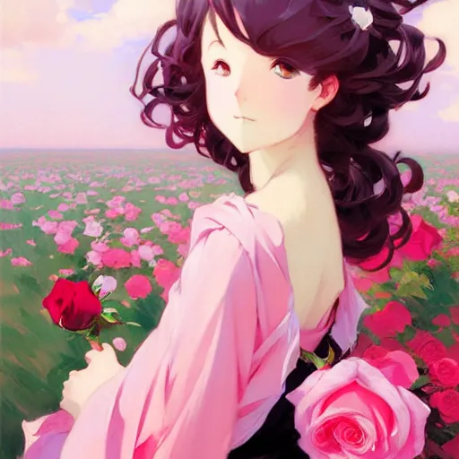 Beautiful girl, long hair, anime character, roses