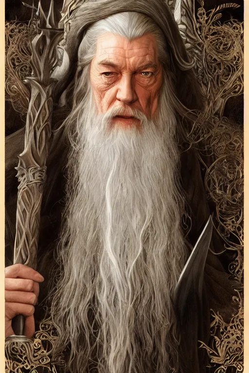 Image similar to Gandalf from Lord of the Rings, diffuse lighting, fantasy, intricate, elegant, highly detailed, lifelike, photorealistic, digital painting, artstation, illustration, concept art, smooth, sharp focus, art by John Collier and Albert Aublet and Krenz Cushart and Artem Demura and Alphonse Mucha