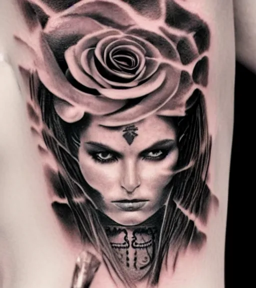 Image similar to tattoo design on white background of a beautiful girl warrior, roses, hyper realistic, realism tattoo, by eliot kohek, beautiful eyes, realistic face, black and white