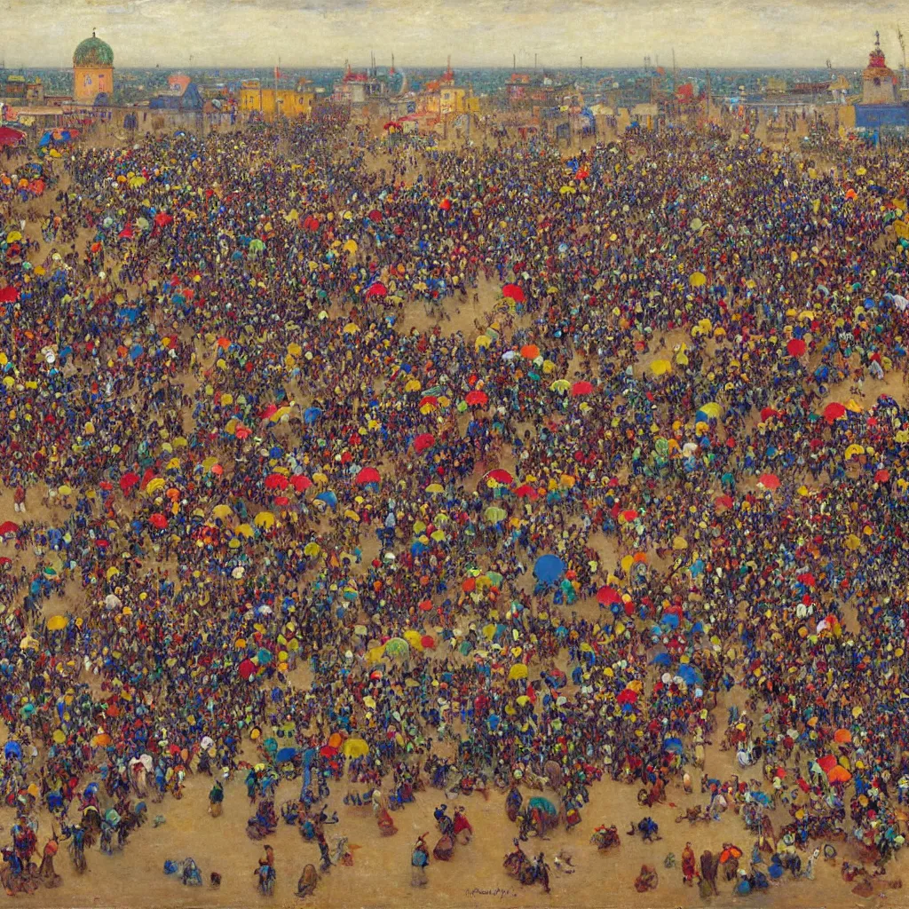 Prompt: dahomey officials with flat colorful umbrellas in ahomey's huge main square, from above, 1905, brightly colored, highly detailed, oil on canvas, by ilya repin