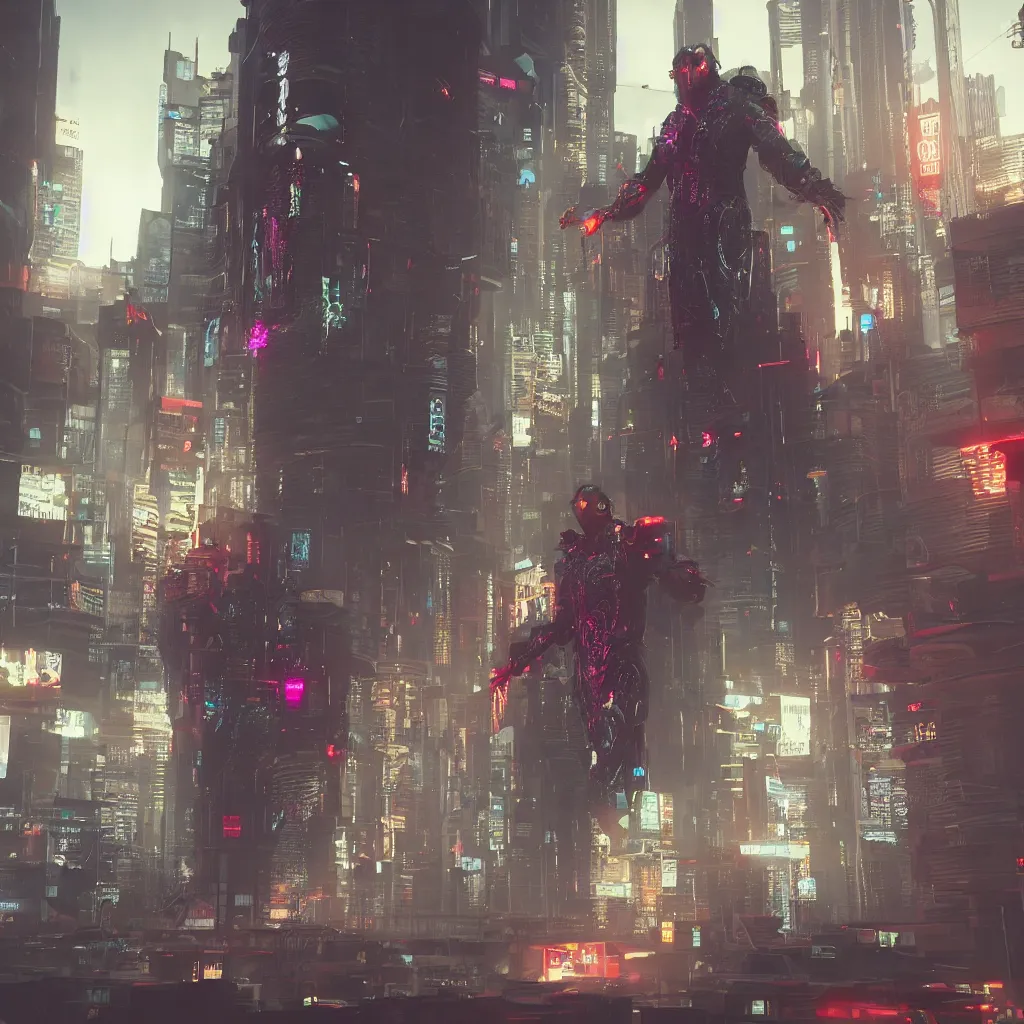 Image similar to cyberpunk god boss fight, photorealistic, octane render, 8 k, high detail