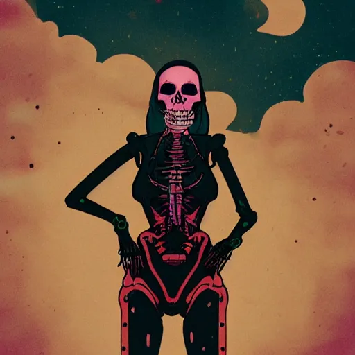 Image similar to a colorfully detailed comic noir style illustration of a beautiful woman wearing a skeleton suit in a post-apocalyptic desert by queens of the stone age and sachin teng, dark vibes, street art, cinematic, high contrast, depth of field