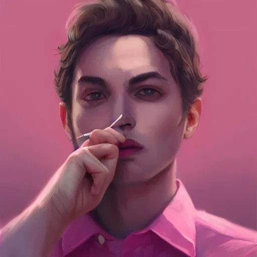 Image similar to portrait of wolf wearing pink shirt, smoking cigarette, digital painting, artstation, concept art, smooth, sharp focus, illustration, art by artgerm, james jean, jean giraud, edward hopper, gaston bussiere and greg rutkowski