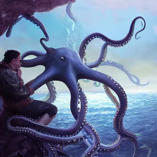 Image similar to a dream fantasy painting of a octopus attack a man in the deep of the ocean, by beksinki, antonio j. manzanedopro greg rutkowski, carne griffith trending on artstation, deviantart, photorealism