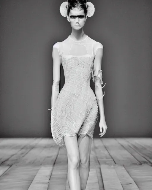 Image similar to portrait of a fashion model walking down a catwalk, simple dress by alexander mcqueen, clear detailed face, beautiful feminine face, art by julia hetta and giampaolo sgura and pamela hanson and david roemer and mario testino and lara jade and tim walker and cole sprouse