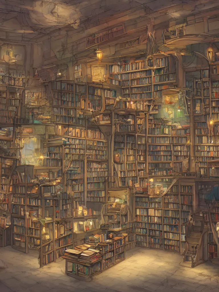 Image similar to book store by disney concept artists, blunt borders, rule of thirds