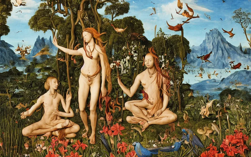 Image similar to a portrait photograph of a meditating harpy and a centaur prince feeding tropical animals at a wide river delta. surrounded by bulbous flowers, animals and trees. mountain range under a vast blue sky of burning stars. painted by jan van eyck, max ernst, ernst haeckel and artgerm, cgsociety, artstation, fashion editorial