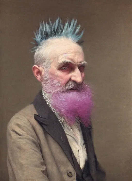 Image similar to a portrait of old man with a detailed pink mohawk by edouard bisson, punk rock, oil painting, muted colours, soft lighting