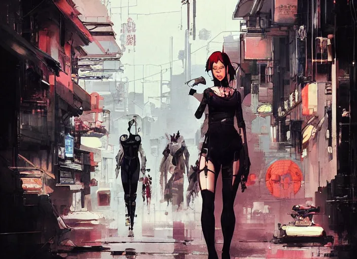 Prompt: lee jin - eun exiting kyoto gion from in cyberpunk theme by peter andrew jones and conrad roset, rule of thirds, seductive look, beautiful