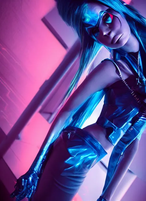 Image similar to a woman with blue makeup and a futuristic outfit, cyberpunk art by maciej kuciara, featured on behance, digital art, neon, glowing neon, futuristic
