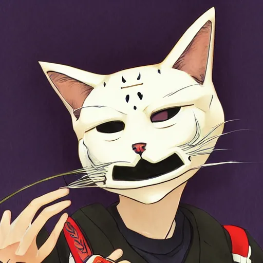 Image similar to portrait of a phony in a cat mask, anime fantasy illustration by tomoyuki yamasaki, kyoto studio, madhouse, ufotable, trending on artstation