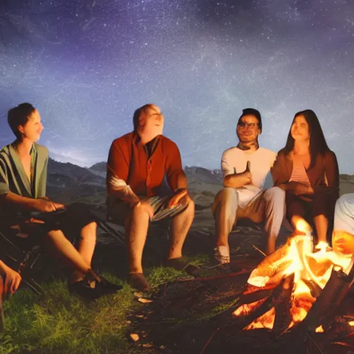 Image similar to god talking with 6 people around a campfire, realistic