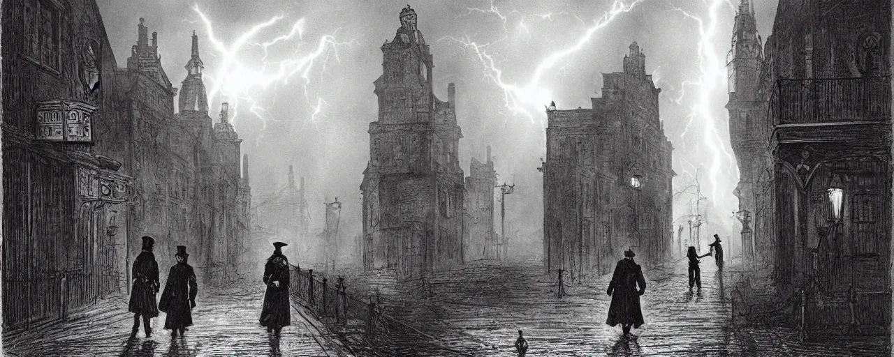 Image similar to Jack the ripper lurking at an innocent victim, 18th century London, streets, horror theme, detailed, elegant, intricate, cinematic lightning