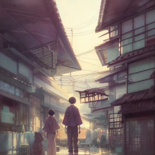 Prompt: walking around ozu city and shimonad station, ehime, japan. volumetric lighting, realistic illustration, perfectly shaded, soft painting, art by krenz cushart and wenjun lin