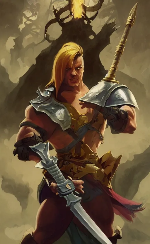 Prompt: Full body centered uncut character pose of mysterious-eerie-ominous He-Man, He-Man is holding the Power Sword in his right hand, Battle Cat, dark grey shadowy smokey background, direct natural lighting, cinematic, Epic, ultra-detailed, sharp focus, colored illustration, artwork by Jordan Grimmer and Greg Rutkowski and Alphonse Mucha