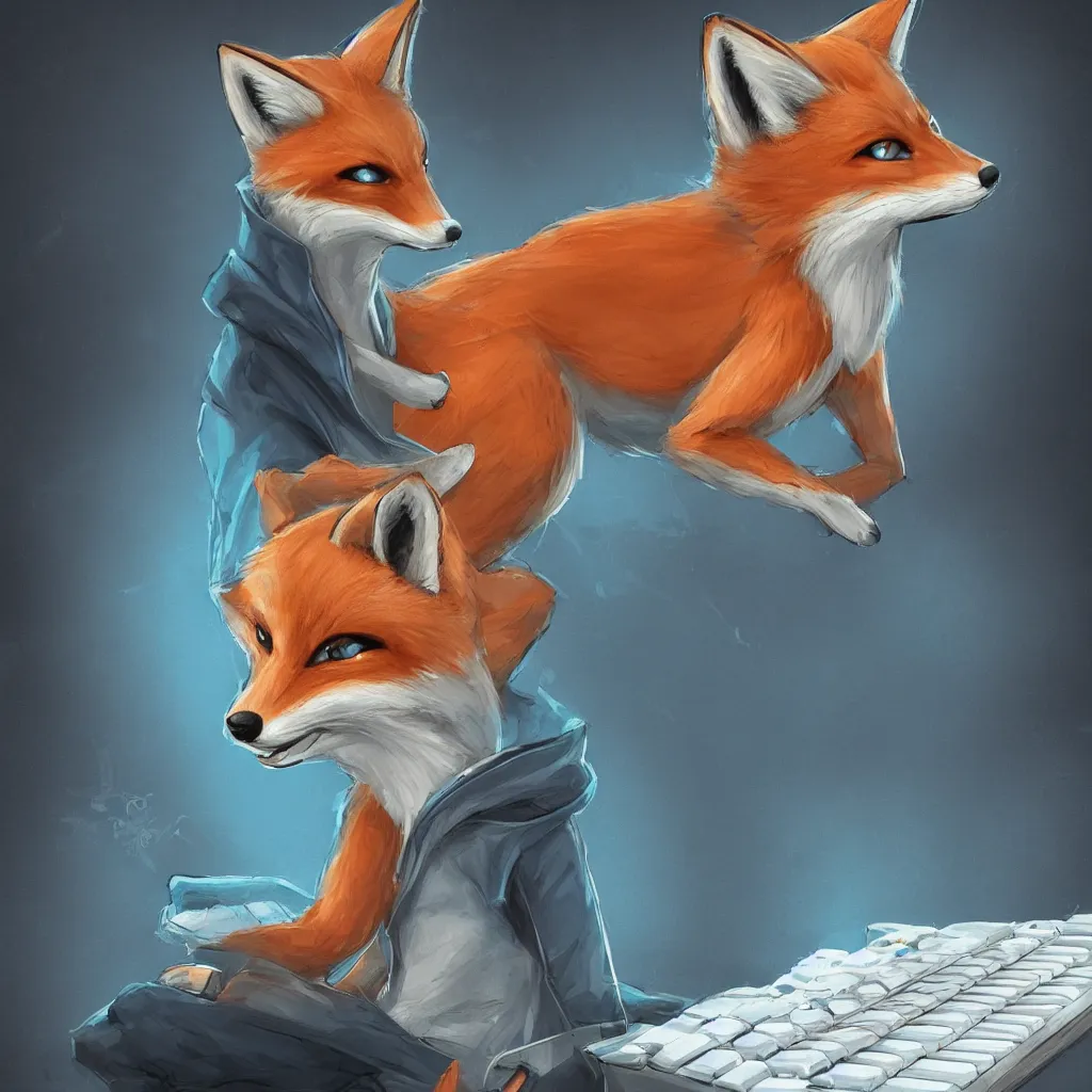 Prompt: an anthropomorphic fox in a blue hoodie typing on a keyboard, dark tones, concept art, digital art, highly detailed