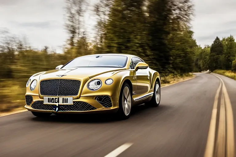 Image similar to Bentley Continental GT in shiny gold film drives along old Russian village road