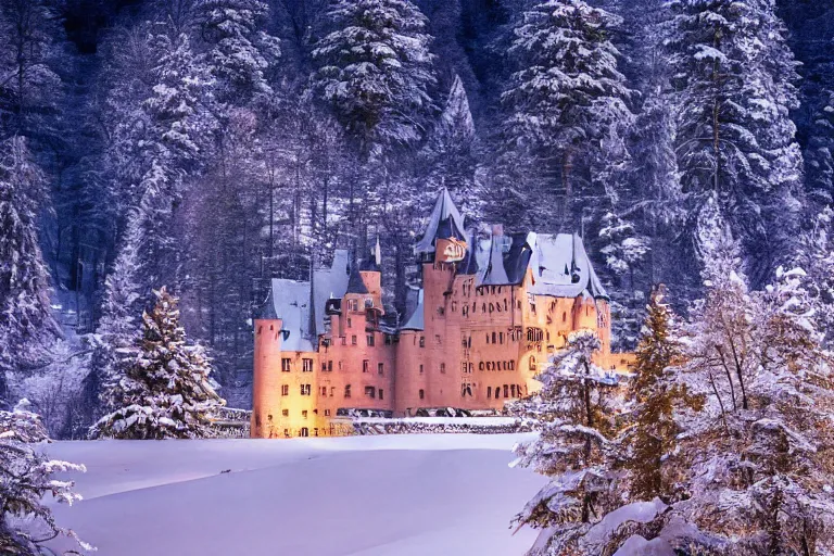 Image similar to Beautiful castle in the heart of the forest and snow-capped mountains at night, hyperdetailed, photo realistic, dramatic lighting, Nat Geo award winner, 100mm lens, bokeh