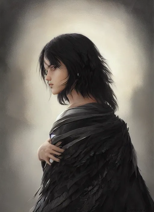 Image similar to a teenage girl with very short black hair and a huge cloak made of grey and black feathers. beautiful highly detailed face. beautiful painting by artgerm and greg rutkowski and raymond swanland