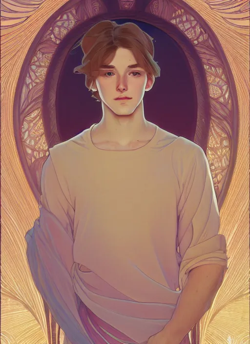 Image similar to pretty young man with shoulder length shiny shimmering golden blond hair, path traced, highly detailed, high quality, digital painting, by studio ghibli and alphonse mucha, leesha hannigan, disney