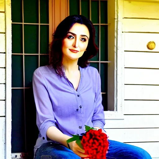 Prompt: a beautiful portrait of the turkish actress sumeyye aydogan, duy beni serial, sitting on the porch holding a flower, in front of the house