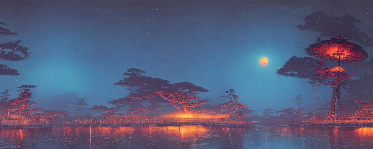 Image similar to awe inspiring bruce pennington landscape, digital art painting of 1 9 6 0 s, japan at night, 4 k, 8 k, detailed