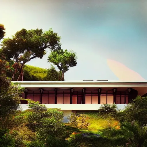Image similar to modernist house inspired by a tibetan palace on a hill, big green trees, colorful clouds, dramatic lighting, artstation, matte painting, raphael lacoste, simon stalenhag, frank lloyd wright, zaha hadid