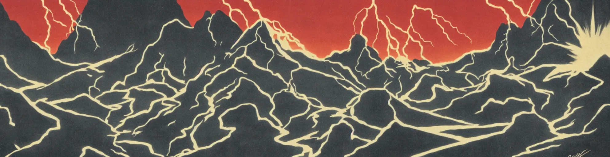 Image similar to balck montain with one lightning bolts in 1940s propaganda poster