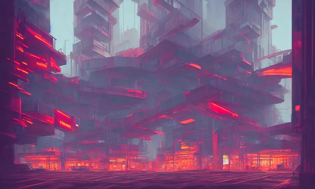 Image similar to brutalist architecture, colorful neon lighting, neon signs, raphael lacoste, eddie mendoza, alex ross, concept art, matte painting, highly detailed, rule of thirds, dynamic lighting, cinematic, detailed, denoised, centered