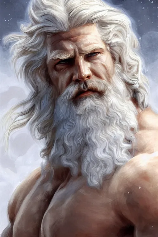 Image similar to painted portrait of rugged zeus, god of thunder, greek god, white hair, masculine, powerful, handsome, upper body, white robe, muscular, hairy torso, fantasy, intricate, elegant, highly detailed, digital painting, artstation, concept art, smooth, sharp focus, illustration, art by gaston bussiere and magali villeneuve