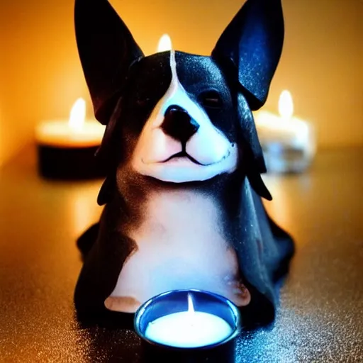 Image similar to gothic cathedral, finely detailed corgi wearing goth makeup, candles, smoke, glow