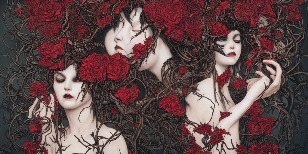 Image similar to breathtaking detailed concept art painting of a woman with black snakes crawling in her mouth, blood tears, flowers, death, twisted thorns and worms, centipedes, rats, dead flowers, by James jean, takato yamamoto, extremely moody lighting, 8K