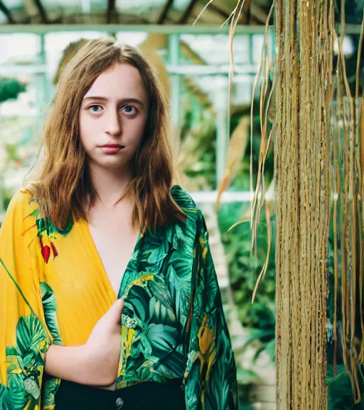 Image similar to head to shoulder Portrait an attractive young female that looks like Maya Hawke wearing a yellow kimono in a tropical greenhouse with a very detailed barn owl on her shoulder, medium format camera, 85mm f1.8, bokeh, Fashion shoot 8k, dreamy, elegant